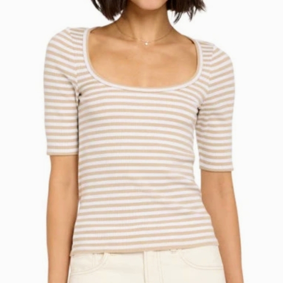 Faherty Tee Freestyle Rib Knit Short Sleeve Pima Blend Neutral Desi Stripe M NWT - Picture 2 of 14